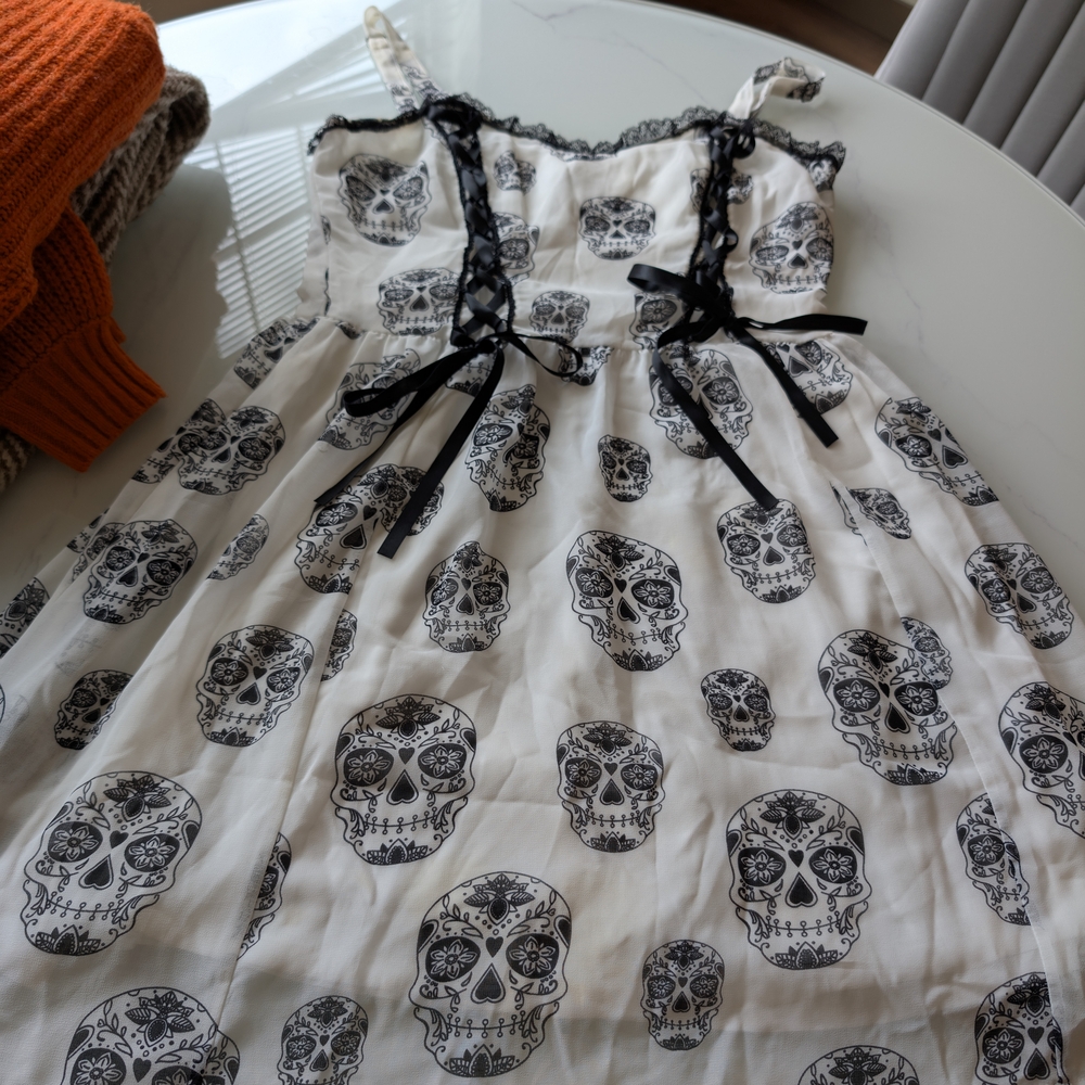 Goth White Dress with Black Skull Print